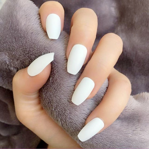 24PCS Long Coffin Glossy False Nails Solid White Acrylic Fake Nails Natural Clear Glitter Ballerina Nail Tips For Nail Extention
