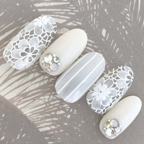 24Pcs wholesales Press On Fake Nails for women Bride White Lace Flower Rhinestone Long Artificial Nail Full Tips False Nail
