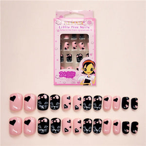 24PCS Press on Children Candy False Nail Tips Cartoon Full Cover Kid Pink Fake Nail Art for Little Girls 14 Design Manicure Tool