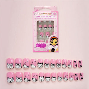 24PCS Press on Children Candy False Nail Tips Cartoon Full Cover Kid Pink Fake Nail Art for Little Girls 14 Design Manicure Tool