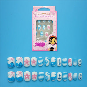 24PCS Press on Children Candy False Nail Tips Cartoon Full Cover Kid Pink Fake Nail Art for Little Girls 14 Design Manicure Tool
