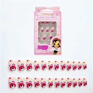 24PCS Press on Children Candy False Nail Tips Cartoon Full Cover Kid Pink Fake Nail Art for Little Girls 14 Design Manicure Tool