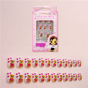 24PCS Press on Children Candy False Nail Tips Cartoon Full Cover Kid Pink Fake Nail Art for Little Girls 14 Design Manicure Tool