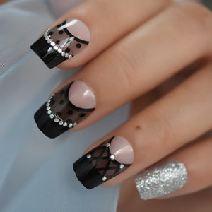 24Pcs Ballerina Fake Nails Khaki Nude Marble Coffin Flat Artificial False Nail Tips for Office Home Faux Ongle Free Glue Sticker