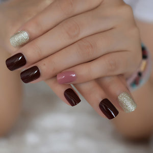 24Pcs Ballerina Fake Nails Khaki Nude Marble Coffin Flat Artificial False Nail Tips for Office Home Faux Ongle Free Glue Sticker