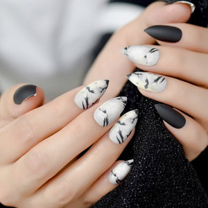 24Pcs Ballerina Fake Nails Khaki Nude Marble Coffin Flat Artificial False Nail Tips for Office Home Faux Ongle Free Glue Sticker