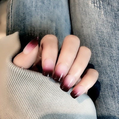 24 Pcs New Red Wine Gradient Color Long False Nails Fashion Popular Fake Nails For Ladies And Girls With Glue Stickers