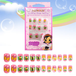 24PCS Press on Children Candy False Nail Tips Cartoon Full Cover Kid Pink Fake Nail Art for Little Girls 14 Design Manicure Tool