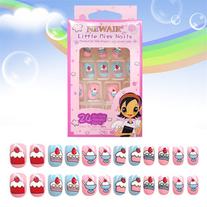 24PCS Press on Children Candy False Nail Tips Cartoon Full Cover Kid Pink Fake Nail Art for Little Girls 14 Design Manicure Tool