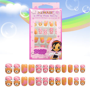 24PCS Press on Children Candy False Nail Tips Cartoon Full Cover Kid Pink Fake Nail Art for Little Girls 14 Design Manicure Tool