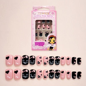 24pcs 15 Designs Short Head Cute Bear Strawberry Heart Fake Nails Press on Children Candy False Nail Tips Manicure Beauty Tools