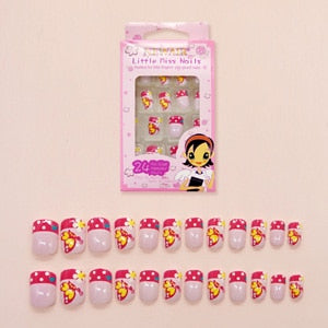 24pcs 15 Designs Short Head Cute Bear Strawberry Heart Fake Nails Press on Children Candy False Nail Tips Manicure Beauty Tools