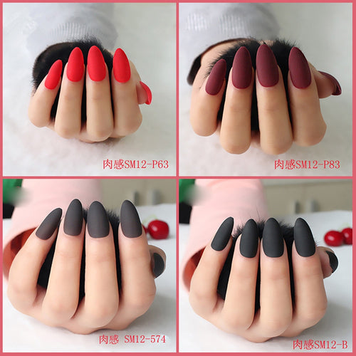 24pcs Matte Pure Color False Nails Popular Designs Glue On Long Tip Patch Artificial Nail Chip Extensions Nail Art Accessories