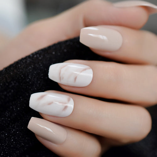 24Pcs Ballerina Fake Nails Khaki Nude Marble Coffin Flat Artificial False Nail Tips for Office Home Faux Ongle Free Glue Sticker