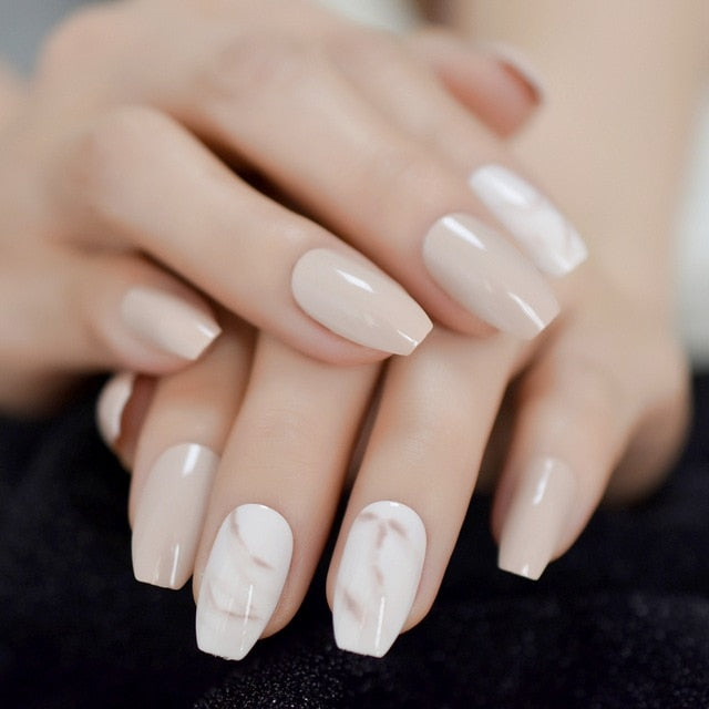 24Pcs Ballerina Fake Nails Khaki Nude Marble Coffin Flat Artificial False Nail Tips for Office Home Faux Ongle Free Glue Sticker