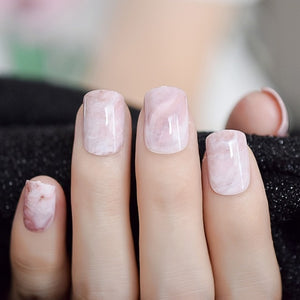 24Pcs Ballerina Fake Nails Khaki Nude Marble Coffin Flat Artificial False Nail Tips for Office Home Faux Ongle Free Glue Sticker