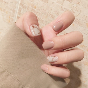 24Pcs Ballerina Fake Nails Khaki Nude Marble Coffin Flat Artificial False Nail Tips for Office Home Faux Ongle Free Glue Sticker