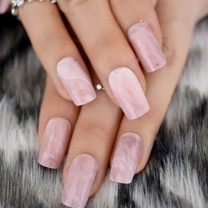 24Pcs Ballerina Fake Nails Khaki Nude Marble Coffin Flat Artificial False Nail Tips for Office Home Faux Ongle Free Glue Sticker