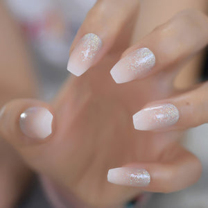 24Pcs Ballerina Fake Nails Khaki Nude Marble Coffin Flat Artificial False Nail Tips for Office Home Faux Ongle Free Glue Sticker